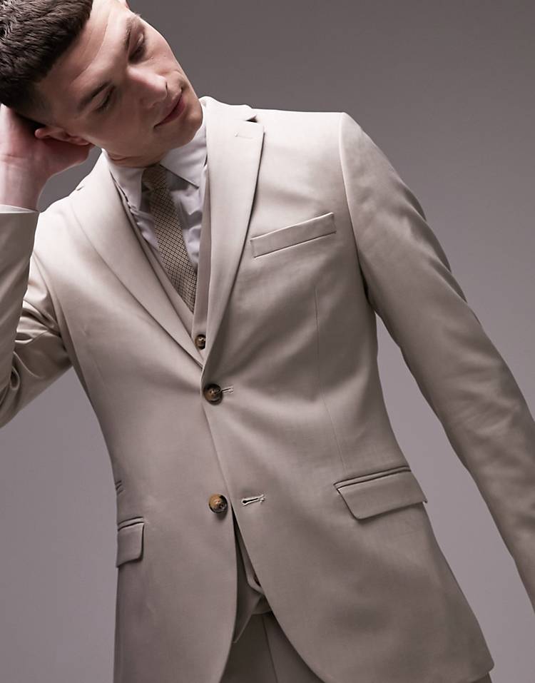 Topman super skinny herringbone texture suit in stone